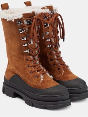 Jimmy Choo Aldea Lace-Up Shearling Lined Suede Camel Brown Mid Calf Boots